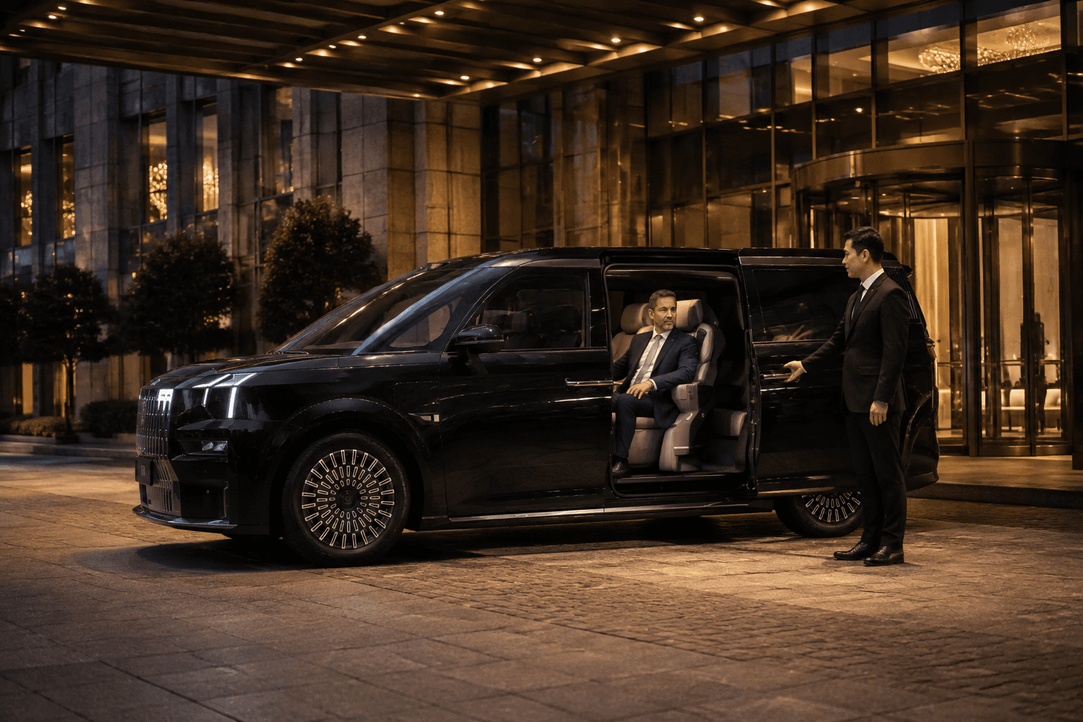 Chauffeur opening a vehicle door at a hotel entrance at night