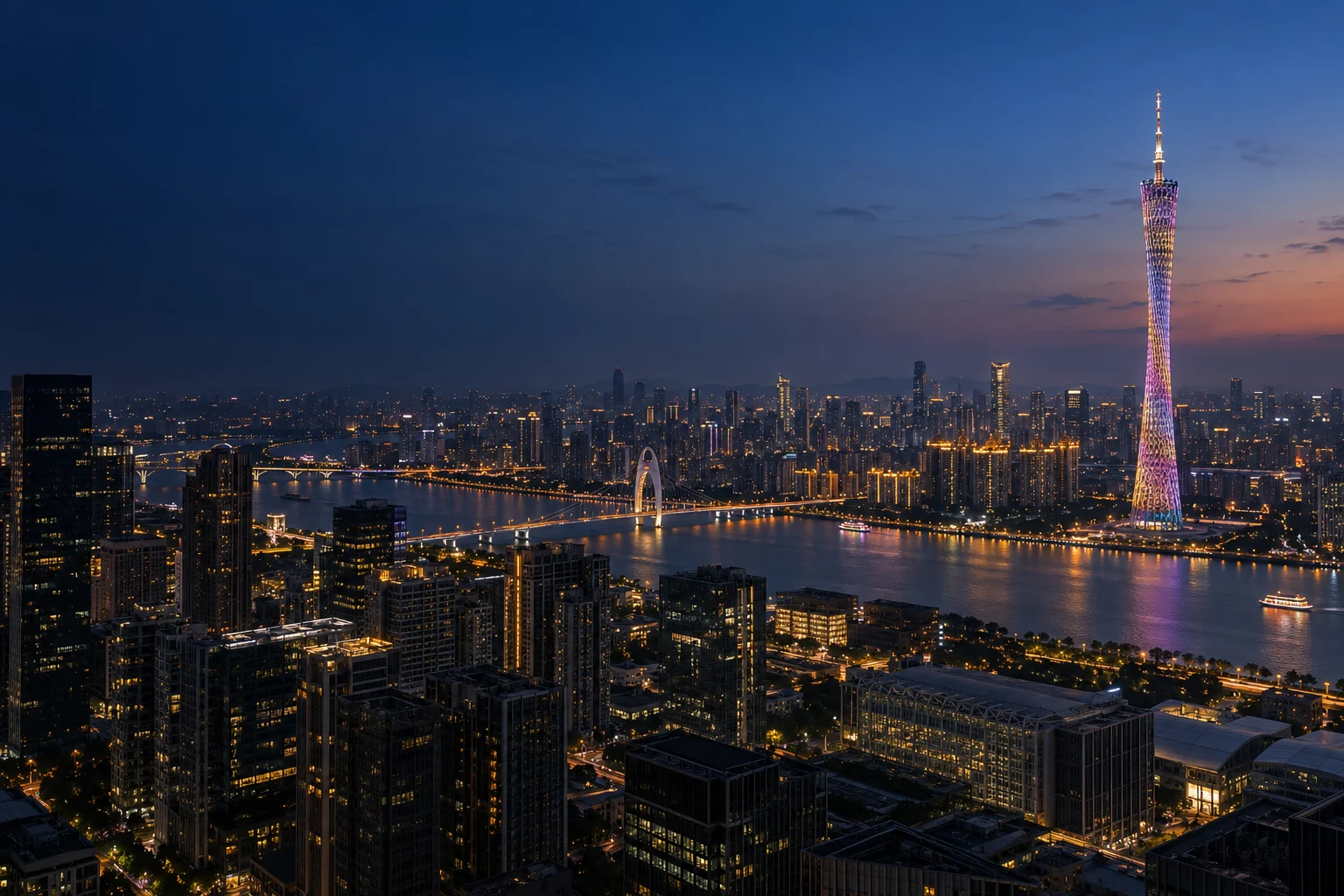 Night view of Guangzhou with Canton Tower across the Pearl River